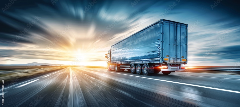 Delivery Truck Speeding on Country Highway at Sunset, Transportation and Logistics Background Delivery Truck Speeding on Country Highway at Sunset, Transportation and Logistics Background