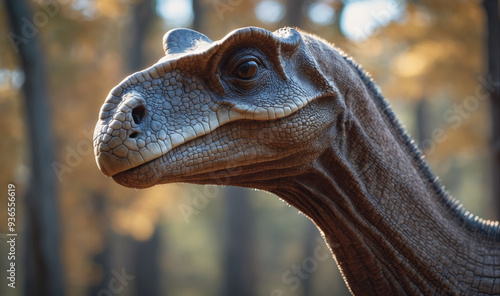 A close-up of a dinosaur's head, the creature's eye is open and staring straight ahead photo