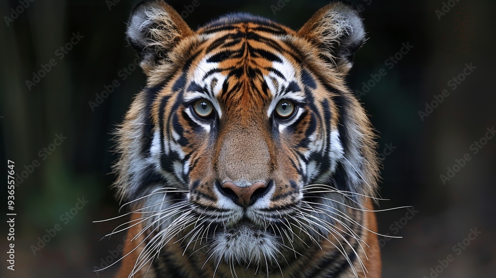 Fototapeta premium A majestic tiger gazes directly at the camera in a lush green habitat, showcasing its striking orange coat and distinctive black stripes during the golden hour of dusk
