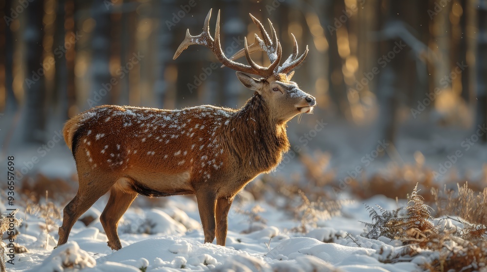 Fototapeta premium A majestic stag stands in a snow-covered forest, basking in the golden light of late afternoon, surrounded by a serene winter landscape