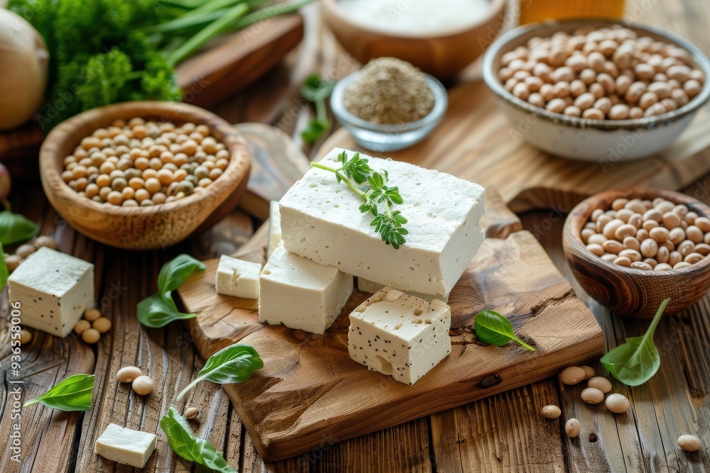 Vegan Protein. Selection of Soy and Tofu Vegetarian Food Sources on Wooden Background Vegan Protein. Selection of Soy and Tofu Vegetarian Food Sources on Wooden Background