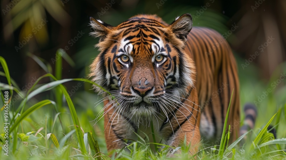 Fototapeta premium A majestic tiger silently prowls through lush green grass in a natural habitat during daylight, showcasing its striking coat and intense gaze