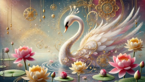 Fototapeta Naklejka Na Ścianę i Meble -  3D illustration feature an enchanting swan with ethereal colors and golden dust.jpeg