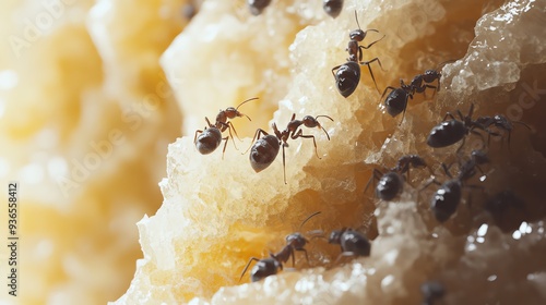 Ants on a sugar crystalcovered pastry, detailed closeup  Dessert Infestation, Sweet Attraction photo