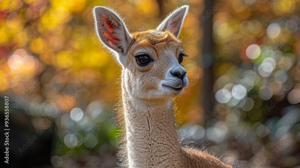 A young gazelle gazes curiously in a colorful autumn forest, showcasing its delicate features amidst the vibrant foliage and soft, dappled light of an early afternoon A young gazelle gazes curiously in a colorful autumn forest, showcasing its delicate features amidst the vibrant foliage and soft, dappled light of an early afternoon