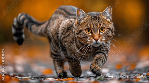 A beautiful striped cat walks purposefully through an autumn forest, surrounded by fallen leaves, capturing the essence of a serene afternoon in nature's vibrant colors photo