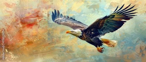 Bald eagle flying over snowy mountains in the rain. Free copy space for text. photo