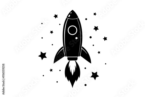 Silhouette vector design rocket in space with stars