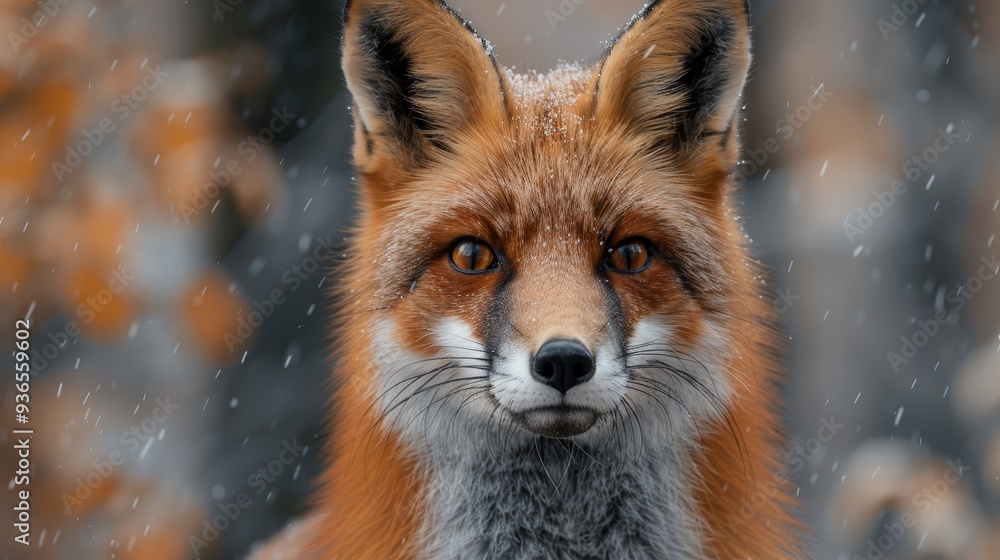 A close-up of a red fox in a snowy forest setting, showcasing its bright eyes and thick fur coat during winter in a tranquil, natural environment A close-up of a red fox in a snowy forest setting, showcasing its bright eyes and thick fur coat during winter in a tranquil, natural environment