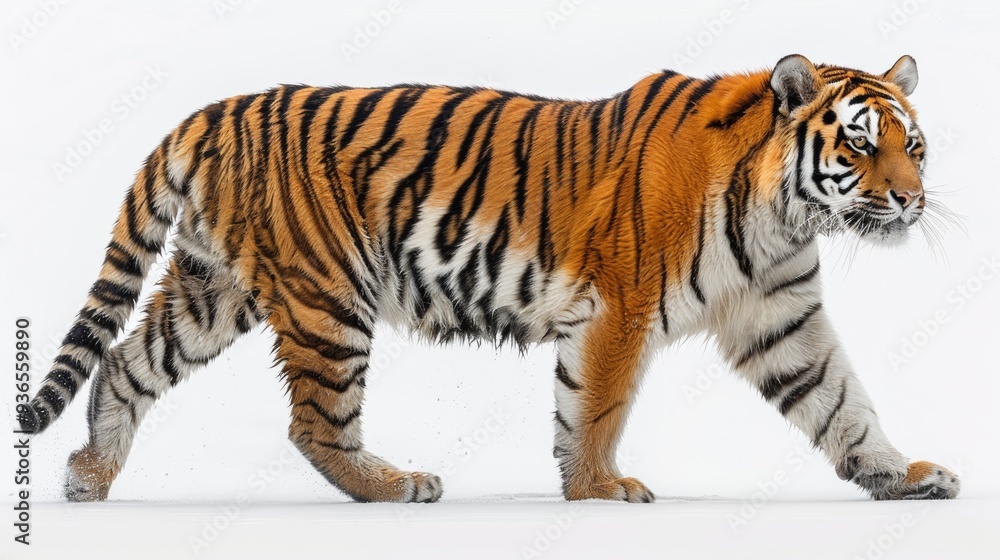 Obraz premium A majestic tiger walks confidently across a snowy landscape, showcasing its vibrant orange and black stripes against a stark white background