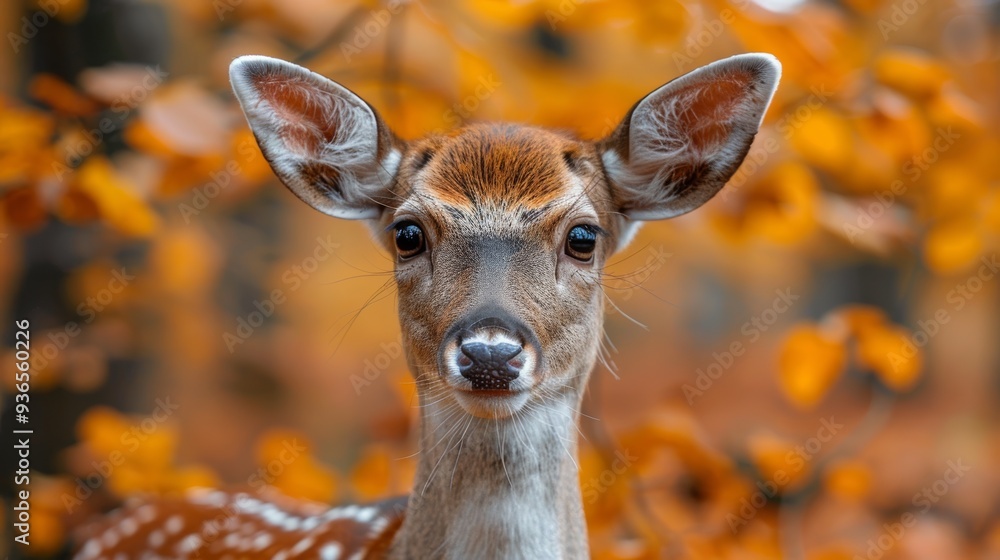 A young deer gazes curiously in an autumn forest filled with vibrant orange leaves during a crisp morning A young deer gazes curiously in an autumn forest filled with vibrant orange leaves during a crisp morning