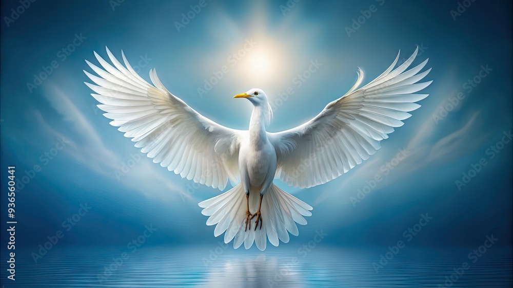 Fototapeta premium isolated white bird spreads majestic wings against a soft blue background, showcasing delicate feathers and intricate details in a serene and peaceful atmosphere.