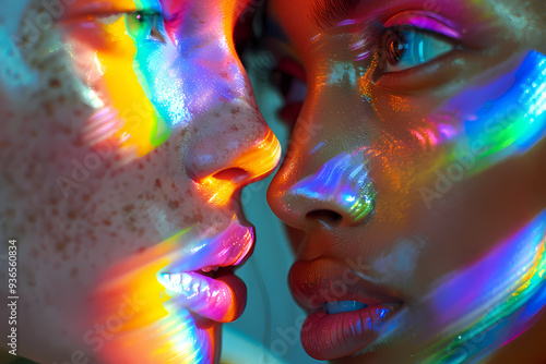 Two close-up faces, one with freckles and lighter skin, the other with darker skin, illuminated by vibrant rainbow light reflections.