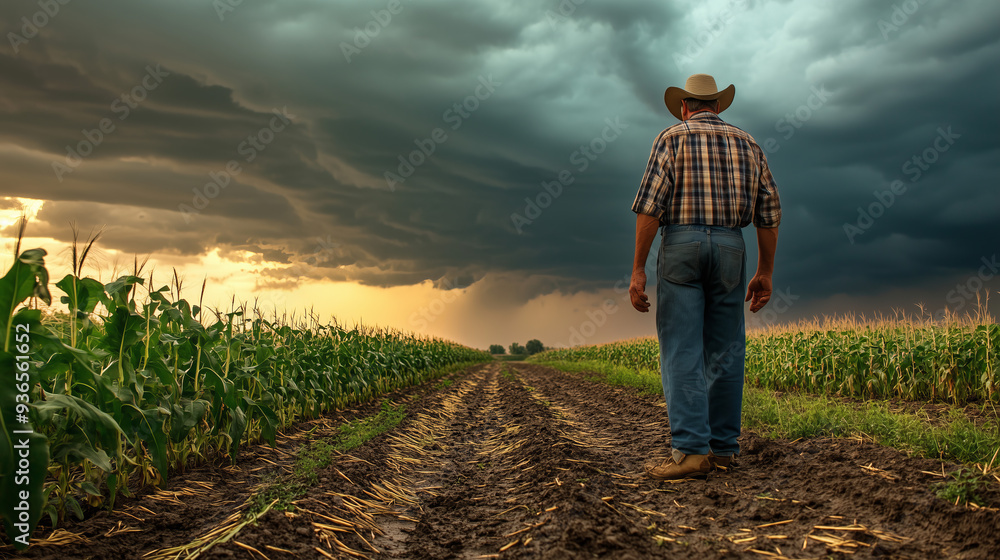 Fototapeta premium Farmer Observing Stormy Sky Over Cornfield, Agriculture, Nature
