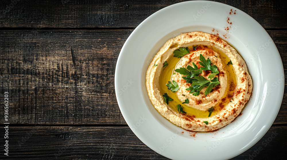 Creamy hummus topped with paprika, olive oil and parsley, served in white bowl on rustic wooden table Creamy hummus topped with paprika, olive oil and parsley, served in white bowl on rustic wooden table