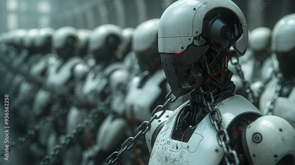 Fototapeta premium Row of chained humanoid robots in a dystopian setting.
