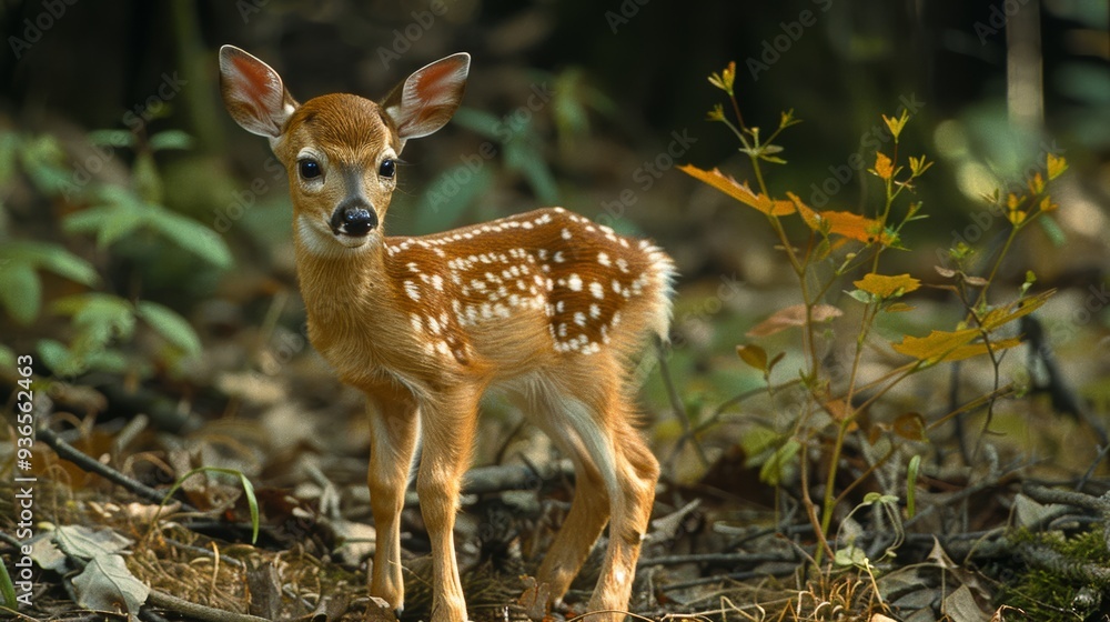 A young fawn stands alert in a forest clearing with dappled sunlight filtering through the trees during early morning hours in a vibrant green woodland A young fawn stands alert in a forest clearing with dappled sunlight filtering through the trees during early morning hours in a vibrant green woodland
