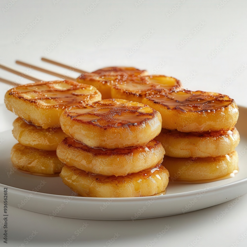 Pancake skewers on solid white background, single serving, high quality studio lighting Pancake skewers on solid white background, single serving, high quality studio lighting