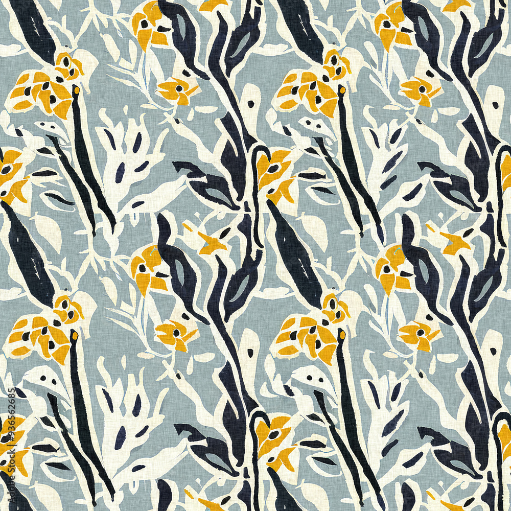 Naklejka premium Modern printed fabric wildflower blockprint pattern with linen fabric textures. Stylized hand drawn boho dark florals for decorative design elements in repeatable background tile.