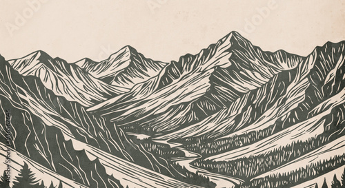 Mountain landscape. Vector graphics. Logo design for use in graphics. T-shirt print, tattoo design. Minimalist illustration for printing on wall decorations. Vintage grunge old .