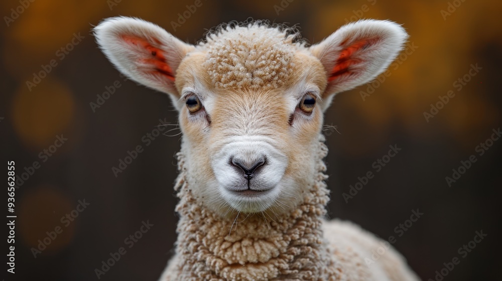 Obraz premium A young sheep stands still in a serene pasture, showcasing its fluffy coat and curious expression against a softly blurred autumn background