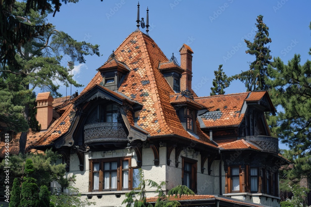 Tiled Roof of Large House with Slate Tiles, Attic, and Chimney Tiled Roof of Large House with Slate Tiles, Attic, and Chimney