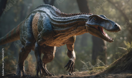 A large, predatory dinosaur stands in a dense forest photo