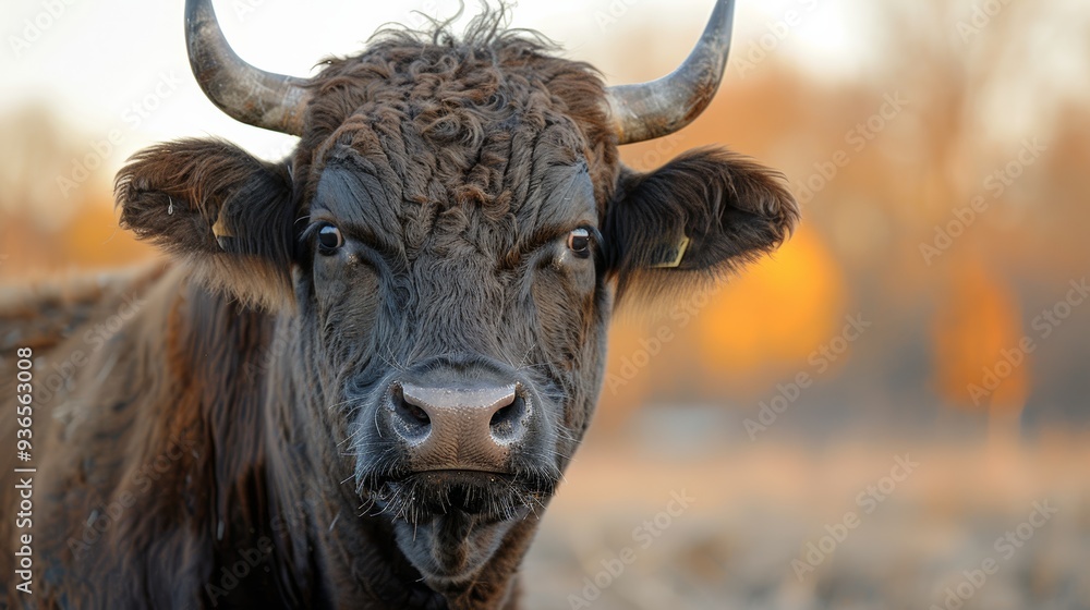 A close-up view of a curious brown cow in a rural setting during golden hour, highlighting its distinct features and the warm autumn colors in the background A close-up view of a curious brown cow in a rural setting during golden hour, highlighting its distinct features and the warm autumn colors in the background