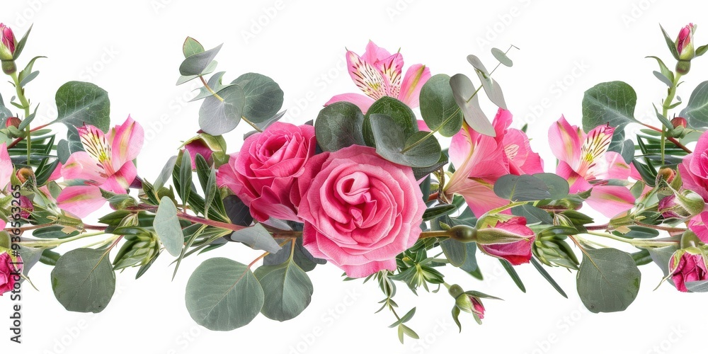 Top Border Arrangement of Eucalyptus, Pink Rose, and Freesia Flowers Top Border Arrangement of Eucalyptus, Pink Rose, and Freesia Flowers