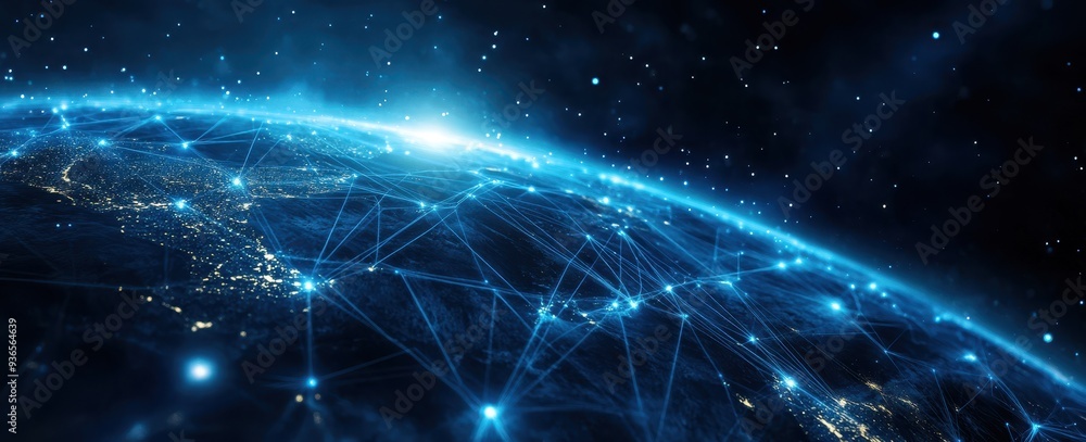 Fototapeta premium Planetary digital communication with cross-border networks and data streams in a web banner