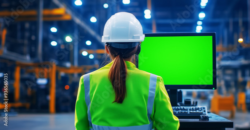 Female engineer wearing a hard hat and high-visibility vest monitoring a green screen display in an industrial warehouse. Industrial safety and technology management concept