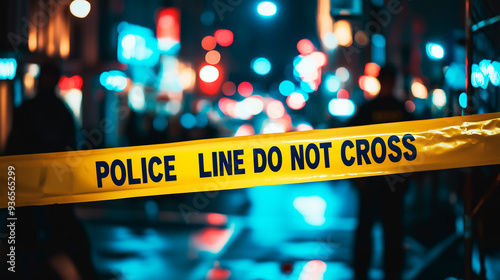 Wallpaper Mural Yellow "Police Line Do Not Cross" tape cordons off a nighttime crime scene with blurred city lights in the background, creating a tense atmosphere.
 Torontodigital.ca