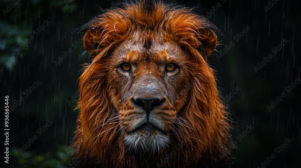 Majestic lion with a striking mane gazes intensely in the rain at dusk, surrounded by a dark, lush forest backdrop Majestic lion with a striking mane gazes intensely in the rain at dusk, surrounded by a dark, lush forest backdrop