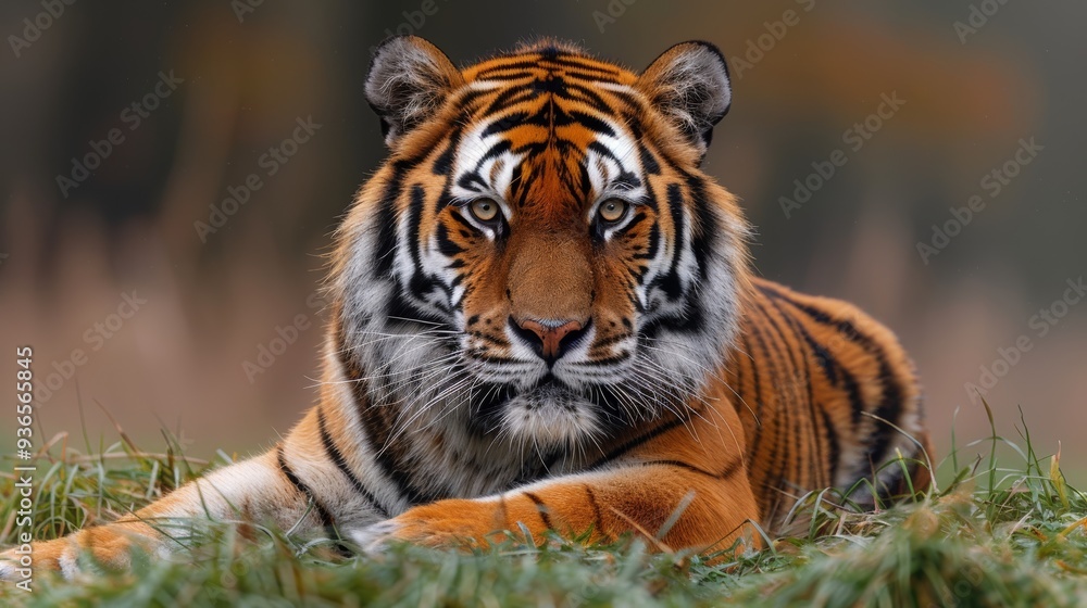 Obraz premium A majestic tiger rests on the grass in a serene natural habitat during the early morning hours, showcasing its striking orange fur and distinctive black stripes
