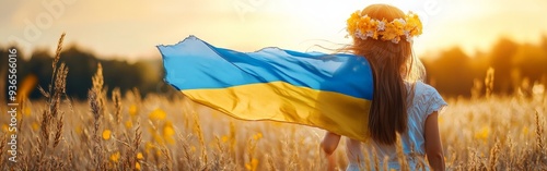 Girl carrying fluttering Ukrainian flag in a sunlit field photo