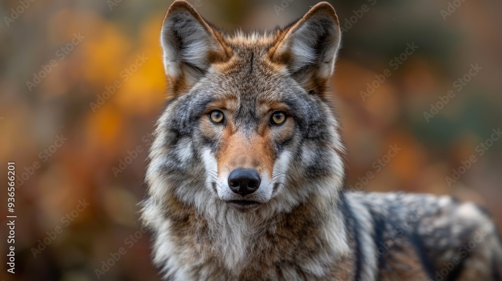 A majestic wolf gazes intently during autumn in a forest, showcasing its striking features and beautiful fur in a serene natural setting A majestic wolf gazes intently during autumn in a forest, showcasing its striking features and beautiful fur in a serene natural setting