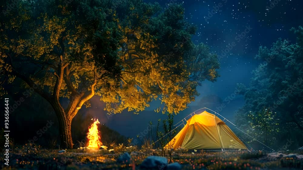 camping tent under a tree at forest with bonfire at night video animation background for live wallpaper Seamless looping time-lapse 4k camping tent under a tree at forest with bonfire at night video animation background for live wallpaper Seamless looping time-lapse 4k