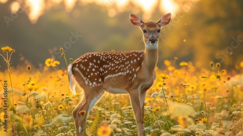 A young spotted deer standing gracefully in a vibrant field of wildflowers at sunset, showcasing the beauty of nature