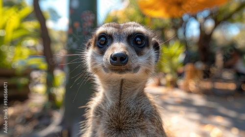 Wallpaper Mural A curious meerkat stands inquisitively in a sunny, vibrant outdoor setting surrounded by greenery and colorful foliage while engaging with visitors at a wildlife park Torontodigital.ca