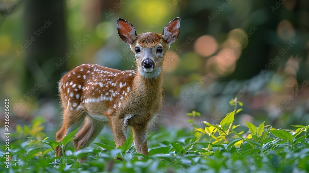 A young deer stands gracefully among the lush green plants in a tranquil forest setting during the golden light of late afternoon A young deer stands gracefully among the lush green plants in a tranquil forest setting during the golden light of late afternoon