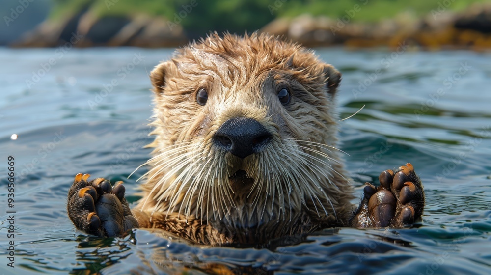 A curious river otter swimming in clear water while displaying its paws during a sunny day along a coastal habitat A curious river otter swimming in clear water while displaying its paws during a sunny day along a coastal habitat