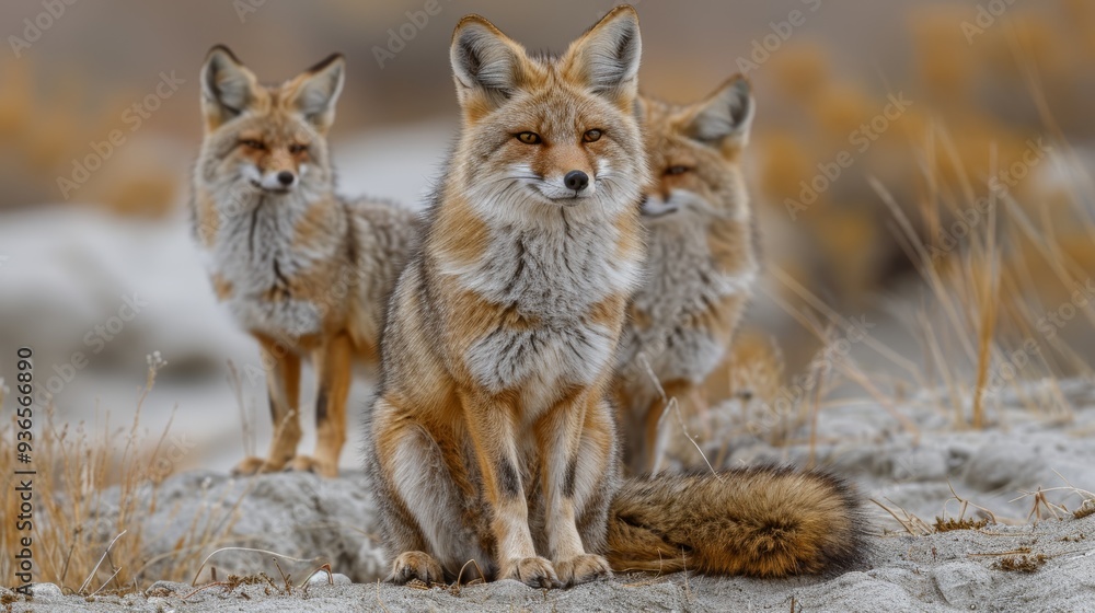 Obraz premium A group of three foxes stands together in a natural habitat during early morning, showcasing their curious expressions and warm fur against a soft backdrop of grass