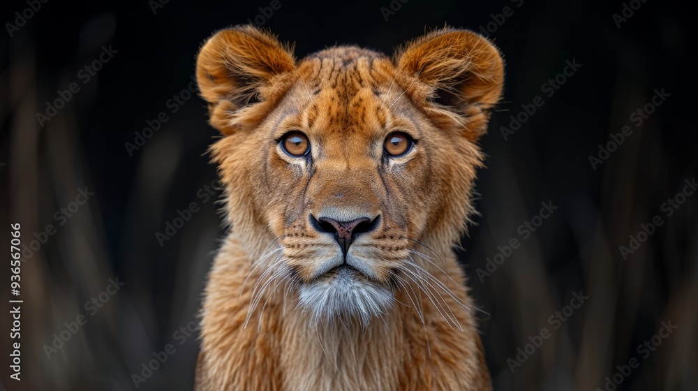 Young lion gazes intensely at the camera with golden fur, standing against a dark blurred background in a natural setting during the day Young lion gazes intensely at the camera with golden fur, standing against a dark blurred background in a natural setting during the day