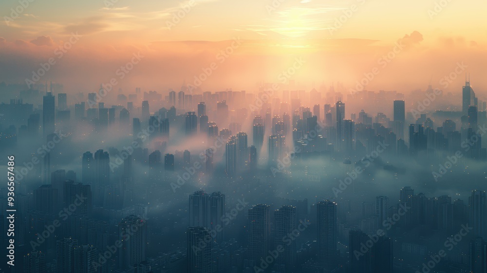 Fototapeta premium Aerial view of a city skyline shrouded in morning fog with a stunning sunrise, Ideal for urban development presentations, climate studies, or inspirational posters,