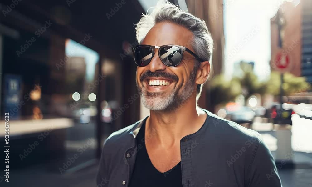 Handsome middle-aged man in sunglasses smiling and looking at camera while standing outdoors Handsome middle-aged man in sunglasses smiling and looking at camera while standing outdoors