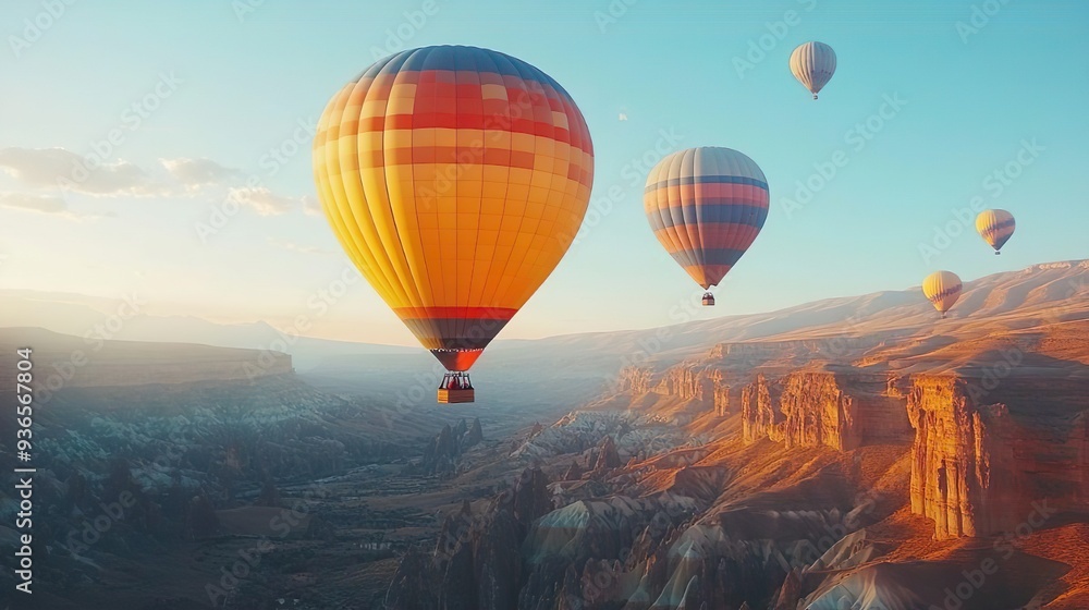 Obraz premium Hot air balloons in bright colors floating over a canyon perfect for adventure travel wallpaper themes