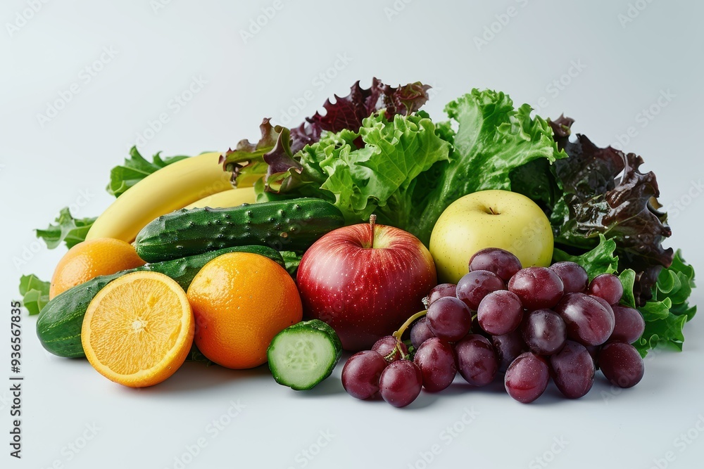 A vibrant assortment of fresh fruits and vegetables, including apples, oranges, cucumbers, grapes, lettuce, and bananas A vibrant assortment of fresh fruits and vegetables, including apples, oranges, cucumbers, grapes, lettuce, and bananas