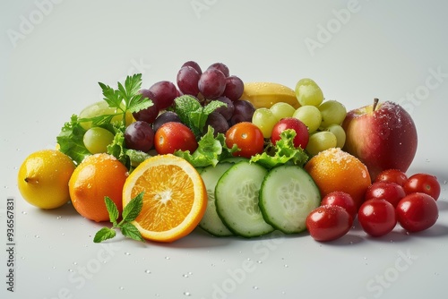 A colorful assortment of fresh fruits and vegetables, including grapes, tomatoes, cucumber slices, oranges, lemons, and an apple, displayed on a white background ideal for health, nutrition