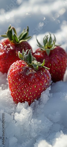 Three ripe strawberries with frosty details sit nestled among snow and ice, highlighting freshness and cold ideal for winter fruit themes, cooling concepts photo