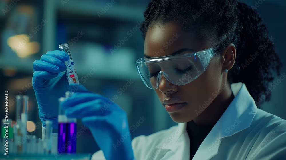 Scientist conducting experiments with vials in a modern laboratory at night Scientist conducting experiments with vials in a modern laboratory at night
